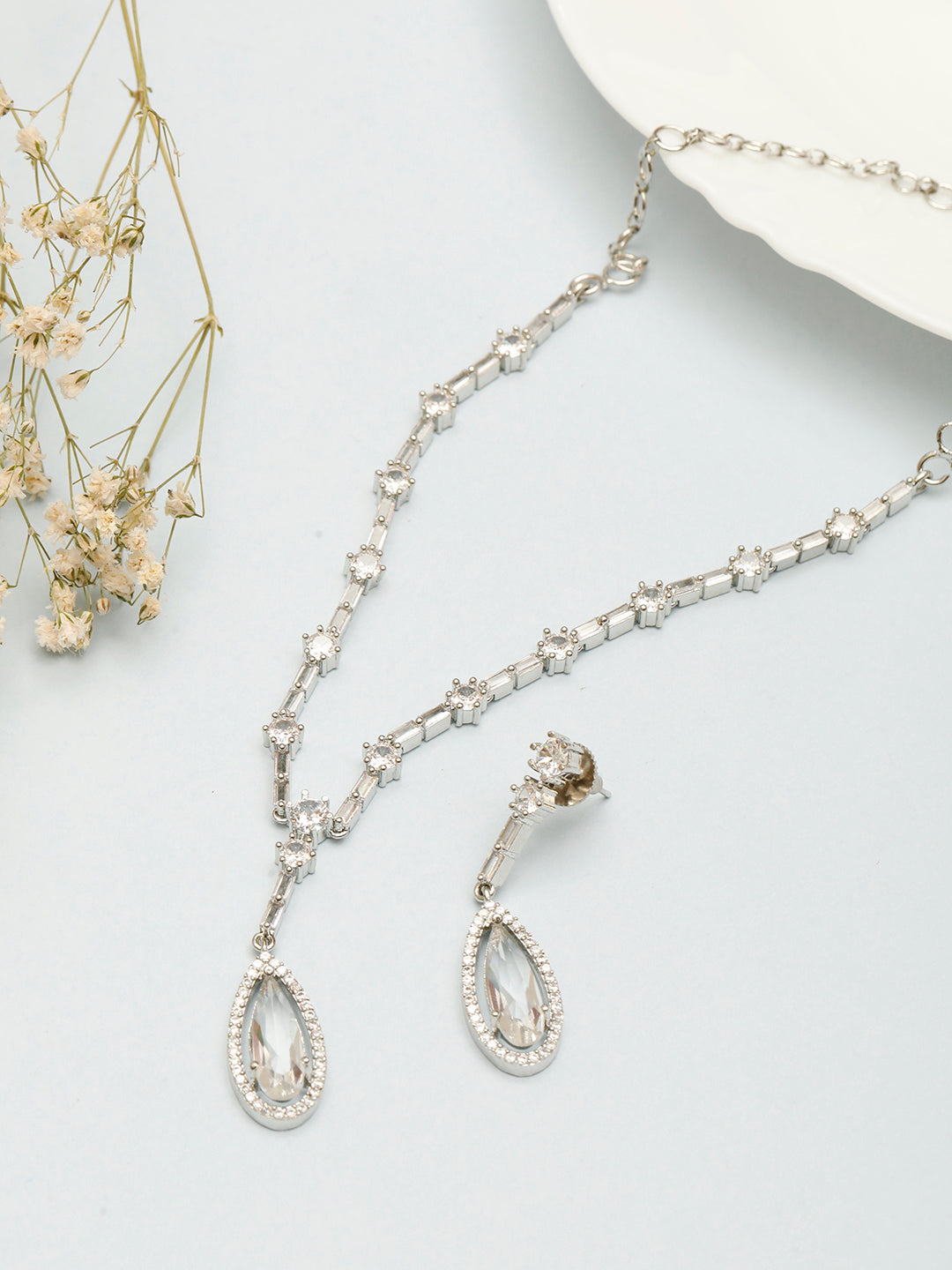 VIVAZS Silver-Plated White AD Stone Studded Jewellery Set