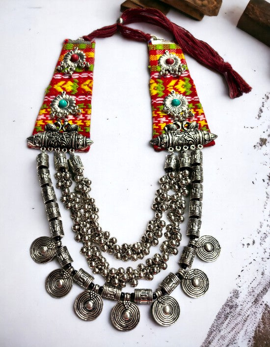 VIVAZS Boho Fused Layered Necklace in Red Color