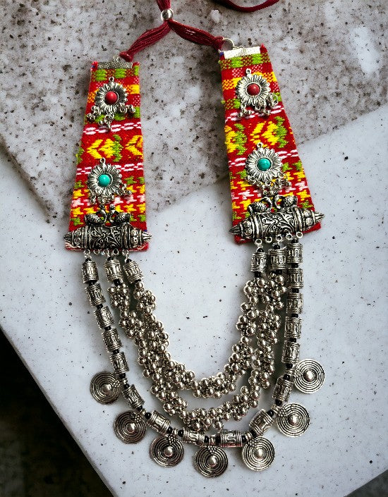 VIVAZS Boho Fused Layered Necklace in Red Color