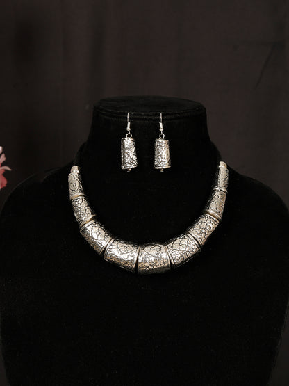 VIVAZS Silver Tribal Choker Necklace Jewellery Set for Women