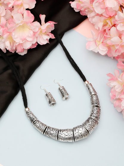 VIVAZS Silver Tribal Choker Necklace Jewellery Set for Women