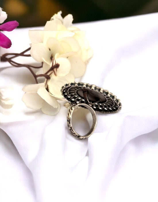 VIVAZS Silver Look alike Blue flower Oxidized Ring