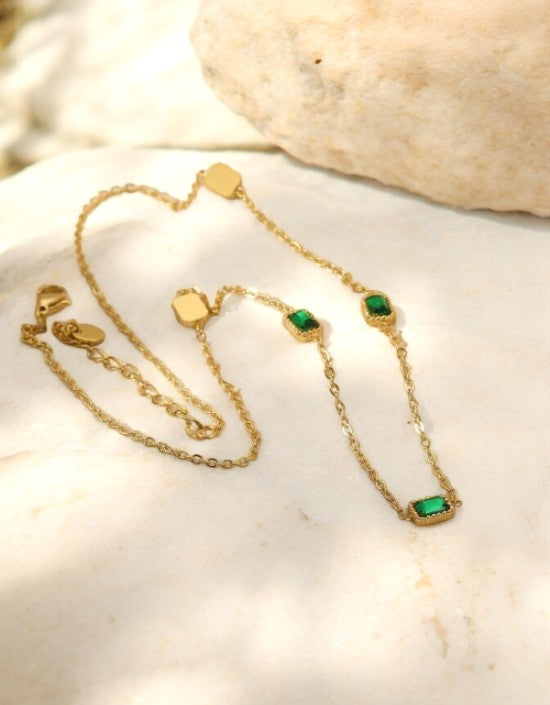 VIVAZS Gold Plated Rectangle Emerald Zircon Necklace