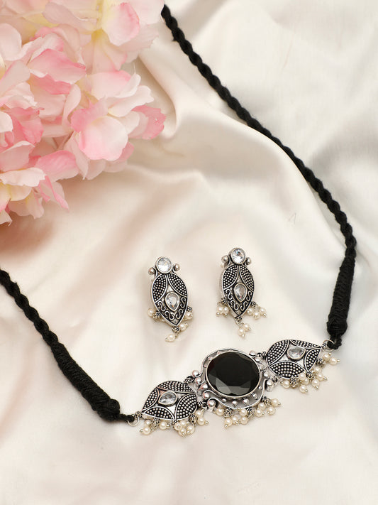 VIVAZS Silver-Plated Black Oxidised Jewellery Set