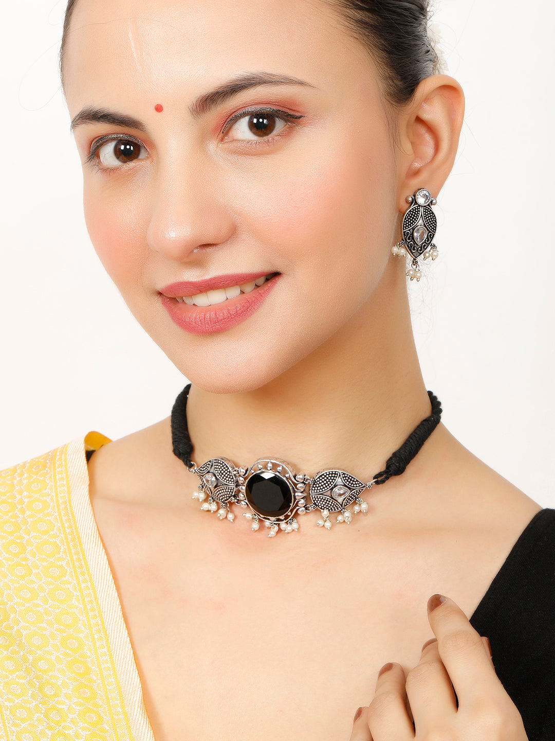 VIVAZS Silver-Plated Black Oxidised Jewellery Set