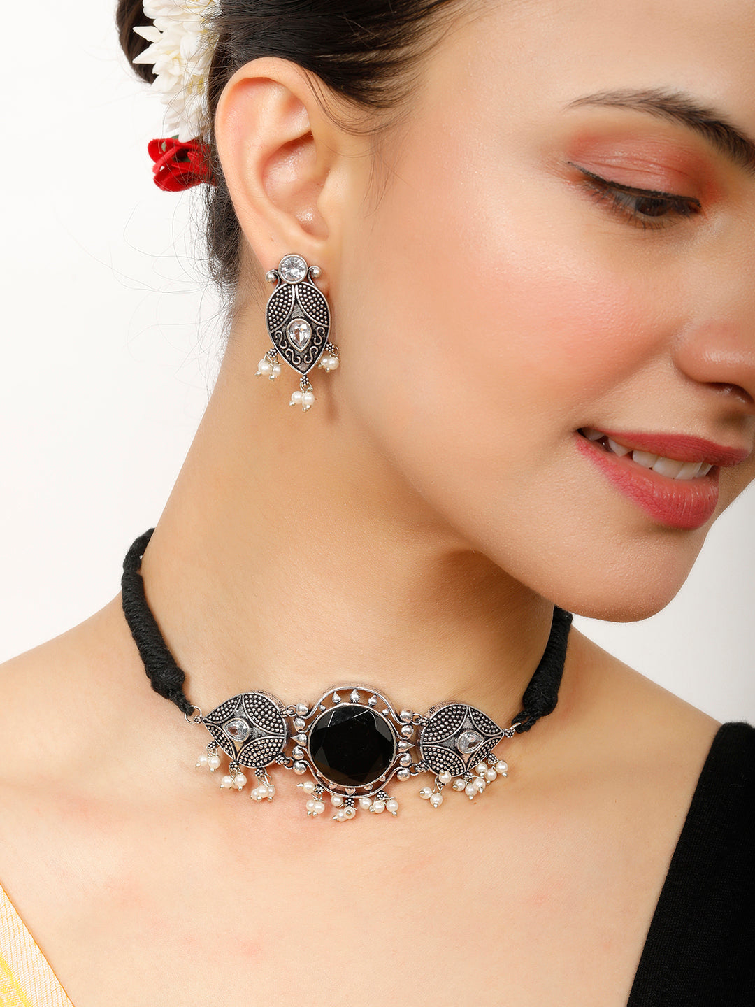 VIVAZS Silver-Plated Black Oxidised Jewellery Set