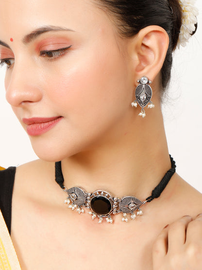 VIVAZS Silver-Plated Black Oxidised Jewellery Set