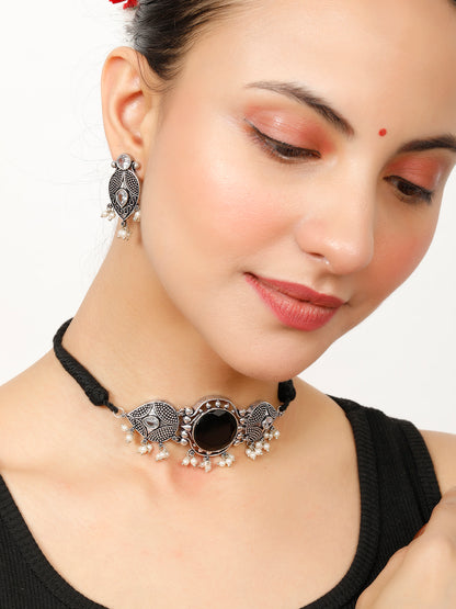 VIVAZS Silver-Plated Black Oxidised Jewellery Set