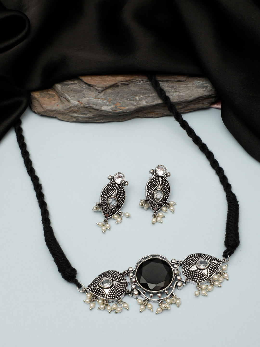 VIVAZS Silver-Plated Black Oxidised Jewellery Set