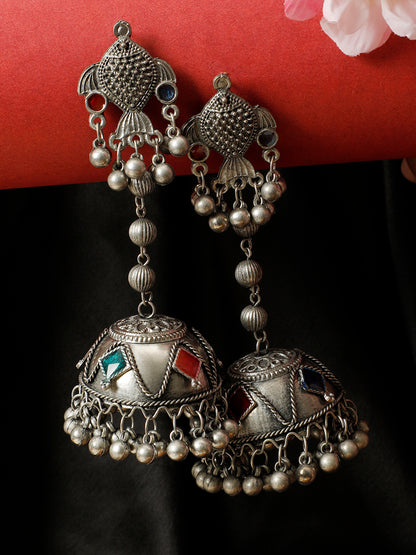 VIVAZS Silver-Plated Stone Studded Dome Shaped Jhumkas (Silver)