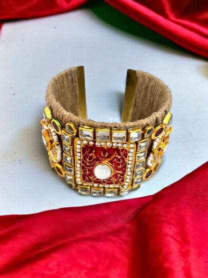 VIVAZS Golden and Red Kundan Adjustable Jute Bracelet