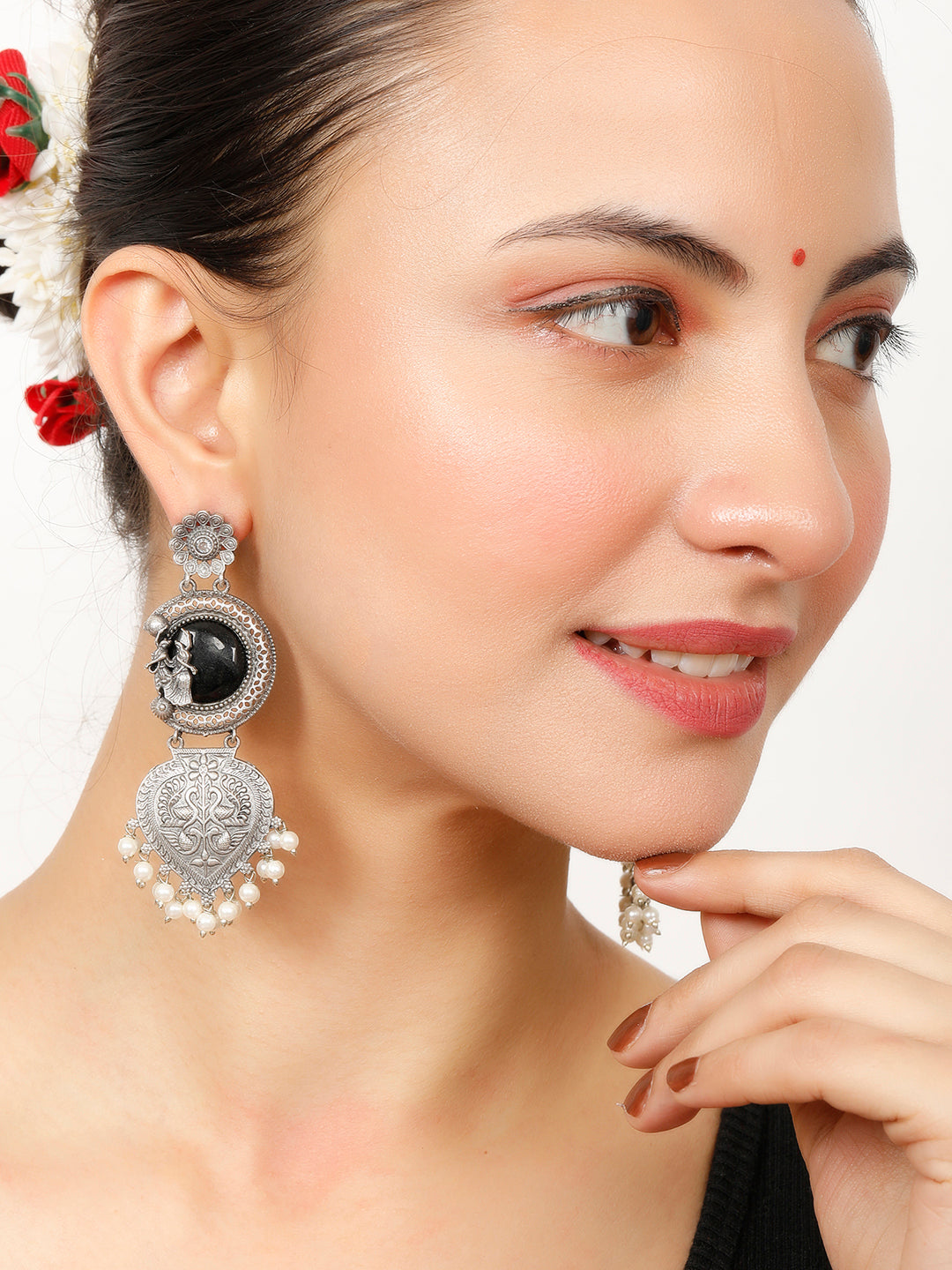 VIVAZS Oxidised Silver-Plated Silver Black Chandbali Earrings