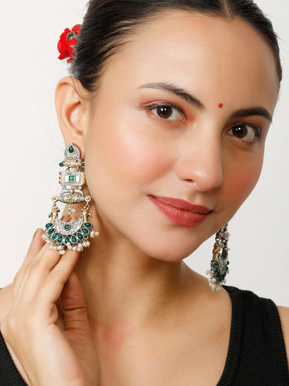 VIVAZS Oxidised Silver-Plated Dual Tone Gold and Green Stone Peacock Chandbali Earrings