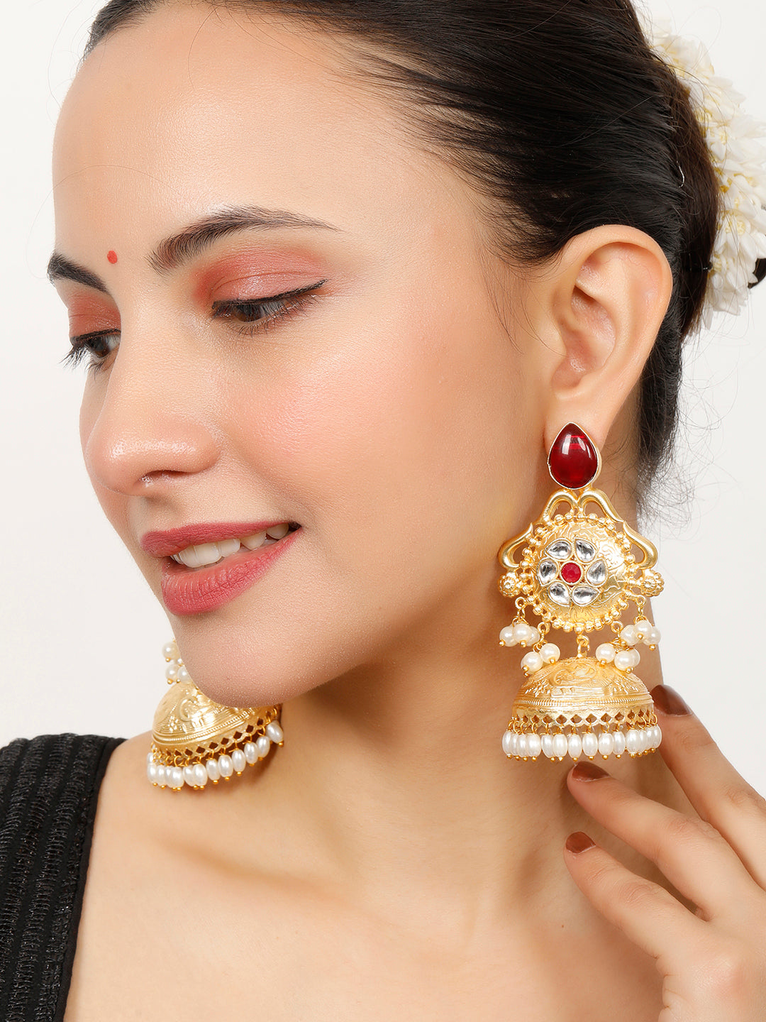 VIVAZS Gold-Plated Luxurious Jhumka Earrings with Red Stones, Pearl Drops