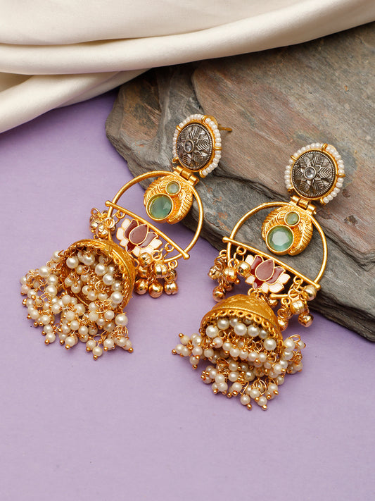 VIVAZS Gold-Plated Stones Studded & Beaded Dome-Shaped Jhumkas