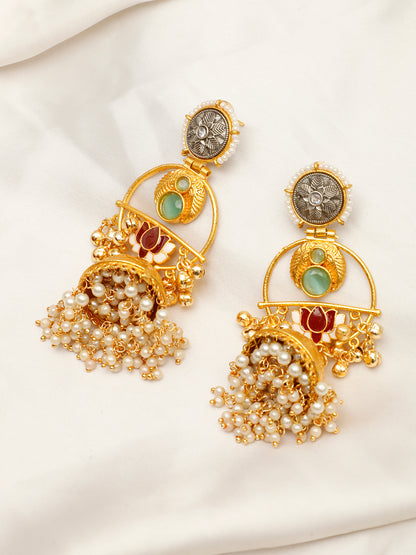 VIVAZS Gold-Plated Stones Studded & Beaded Dome-Shaped Jhumkas