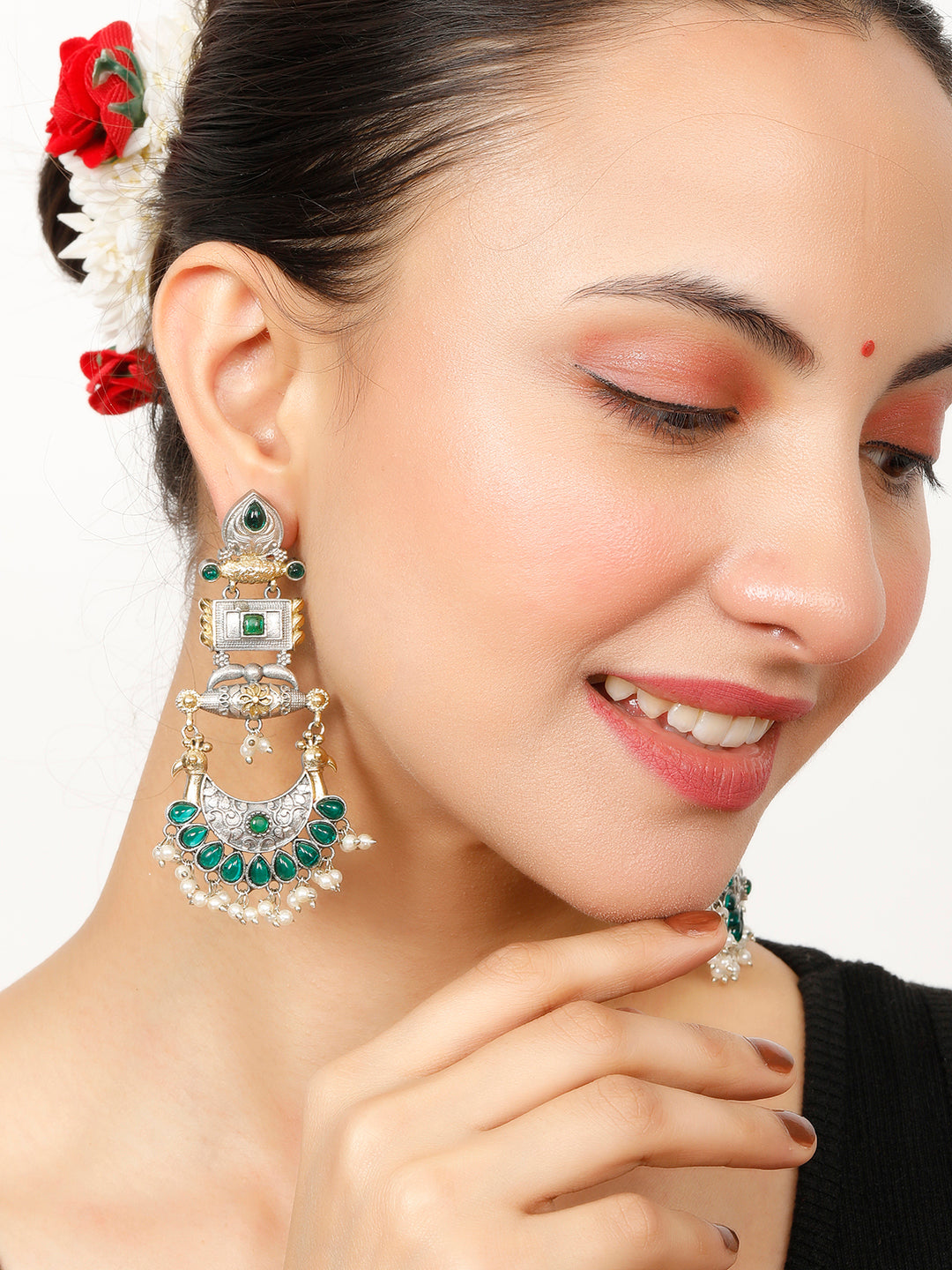 VIVAZS Oxidised Silver-Plated Dual Tone Gold and Green Stone Peacock Chandbali Earrings