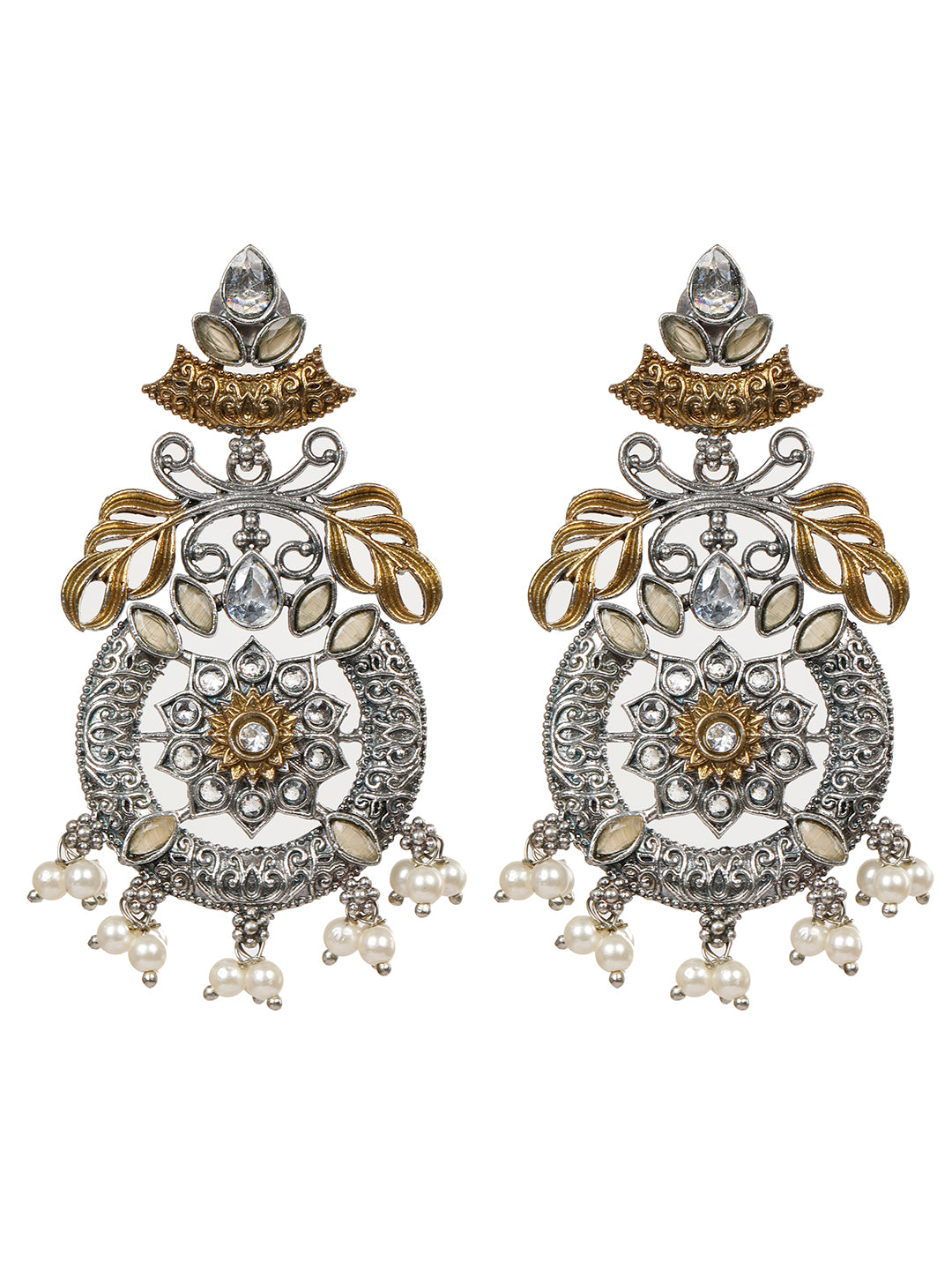 VIVAZS Oxidised Silver-Plated Dual Tone Gold and Silver Yellow Stone Chanbalis Earrings