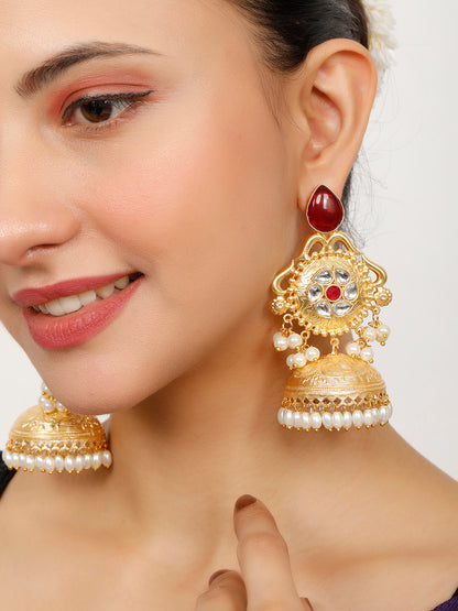 VIVAZS Gold-Plated Luxurious Jhumka Earrings with Red Stones, Pearl Drops