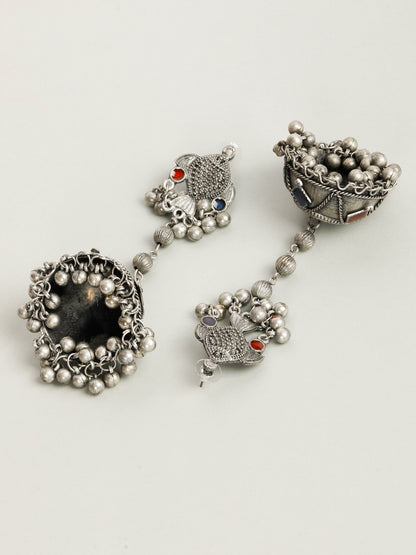 VIVAZS Silver-Plated Stone Studded Dome Shaped Jhumkas