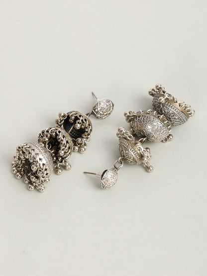 VIVAZS Silver-Plated Dome Shaped Oxidized Jhumkas