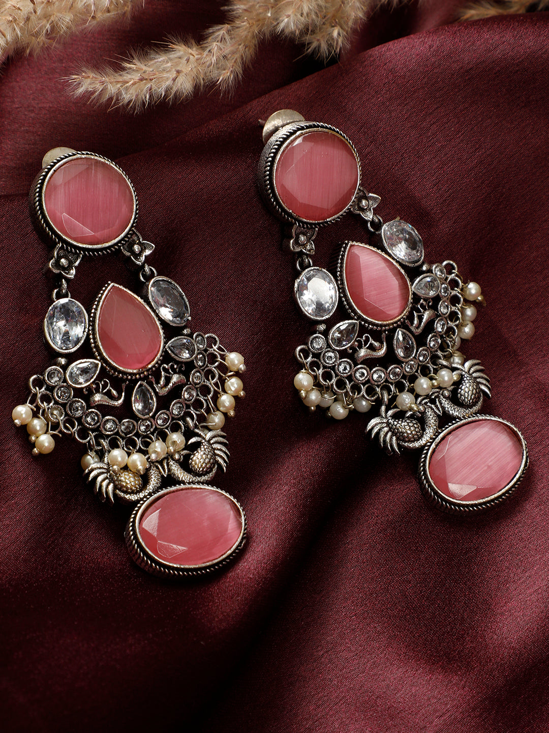 VIVAZS Silver-Plated Kundan Studded & Contemporary Oxidised Dangle Drop Earrings