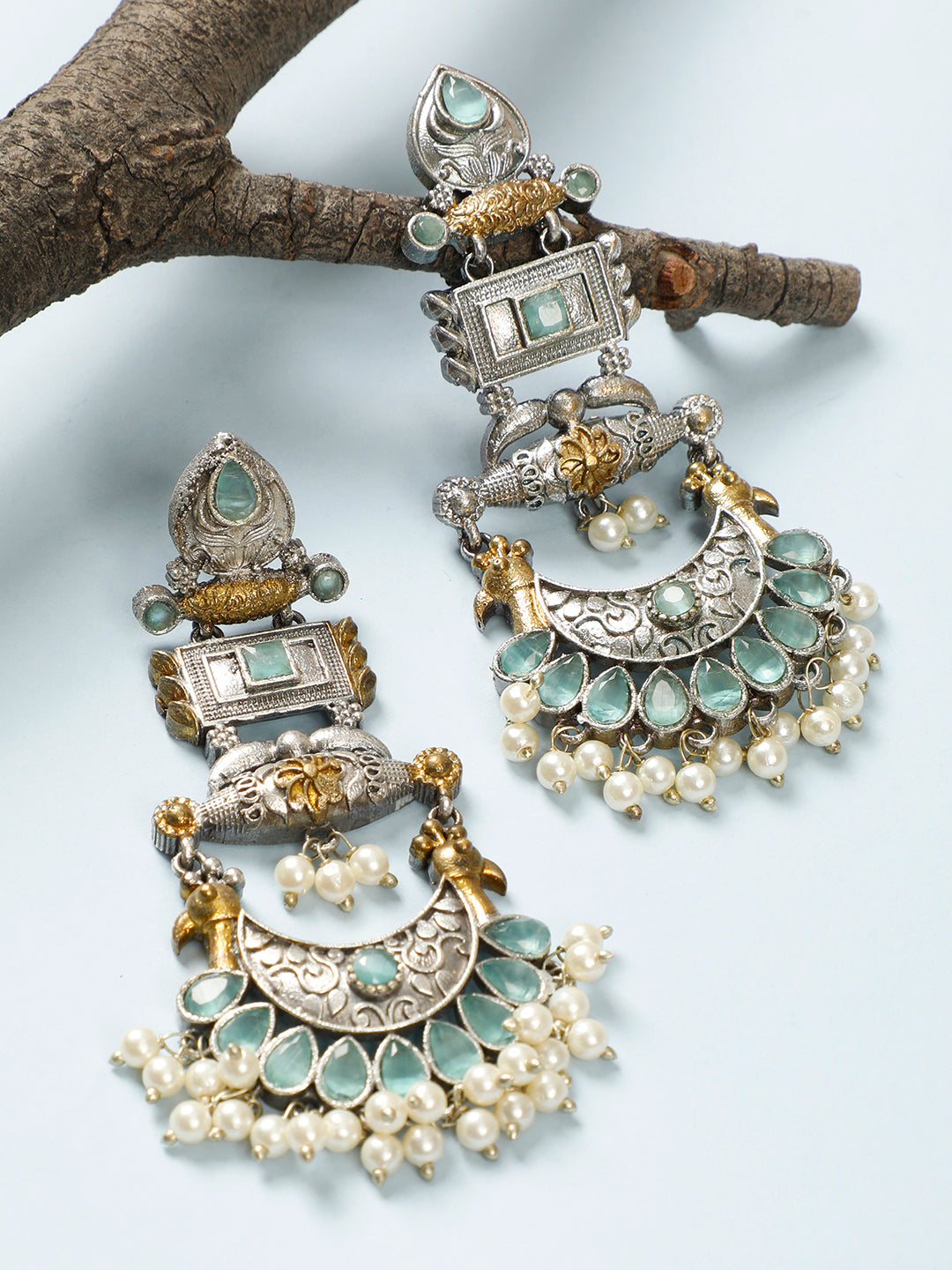 VIVAZS Oxidised Silver-Plated Dual Tone Gold and Silver mint Green Stone Peacock Chandbali Earrings