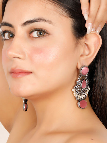 VIVAZS Silver-Plated Kundan Studded & Contemporary Oxidised Dangle Drop Earrings