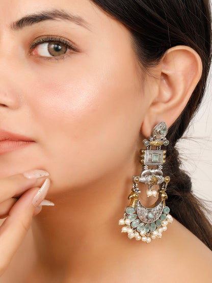 VIVAZS Oxidised Silver-Plated Dual Tone Gold and Silver mint Green Stone Peacock Chandbali Earrings