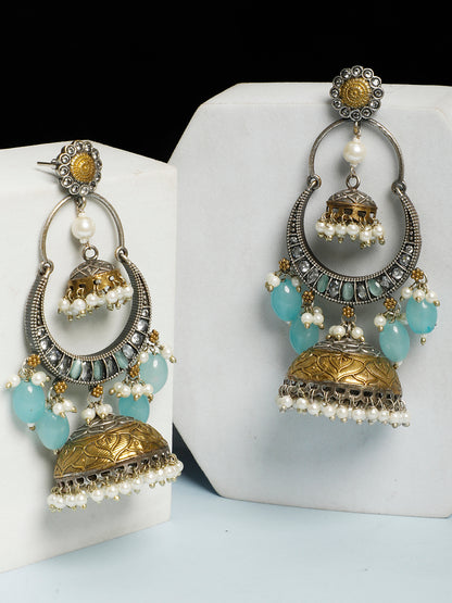 VIVAZS Oxidised Silver-Plated Beaded Dome-Shaped Oxidised Jhumkas