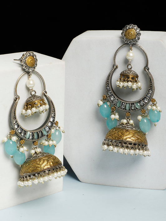 VIVAZS Oxidised Silver-Plated Beaded Dome-Shaped Oxidised Jhumkas