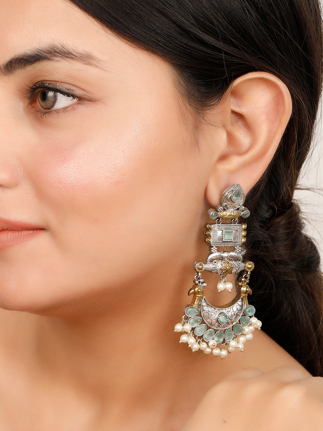 VIVAZS Oxidised Silver-Plated Dual Tone Gold and Silver mint Green Stone Peacock Chandbali Earrings