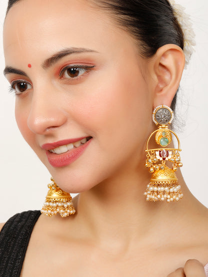 VIVAZS Gold-Plated Stones Studded & Beaded Dome-Shaped Jhumkas