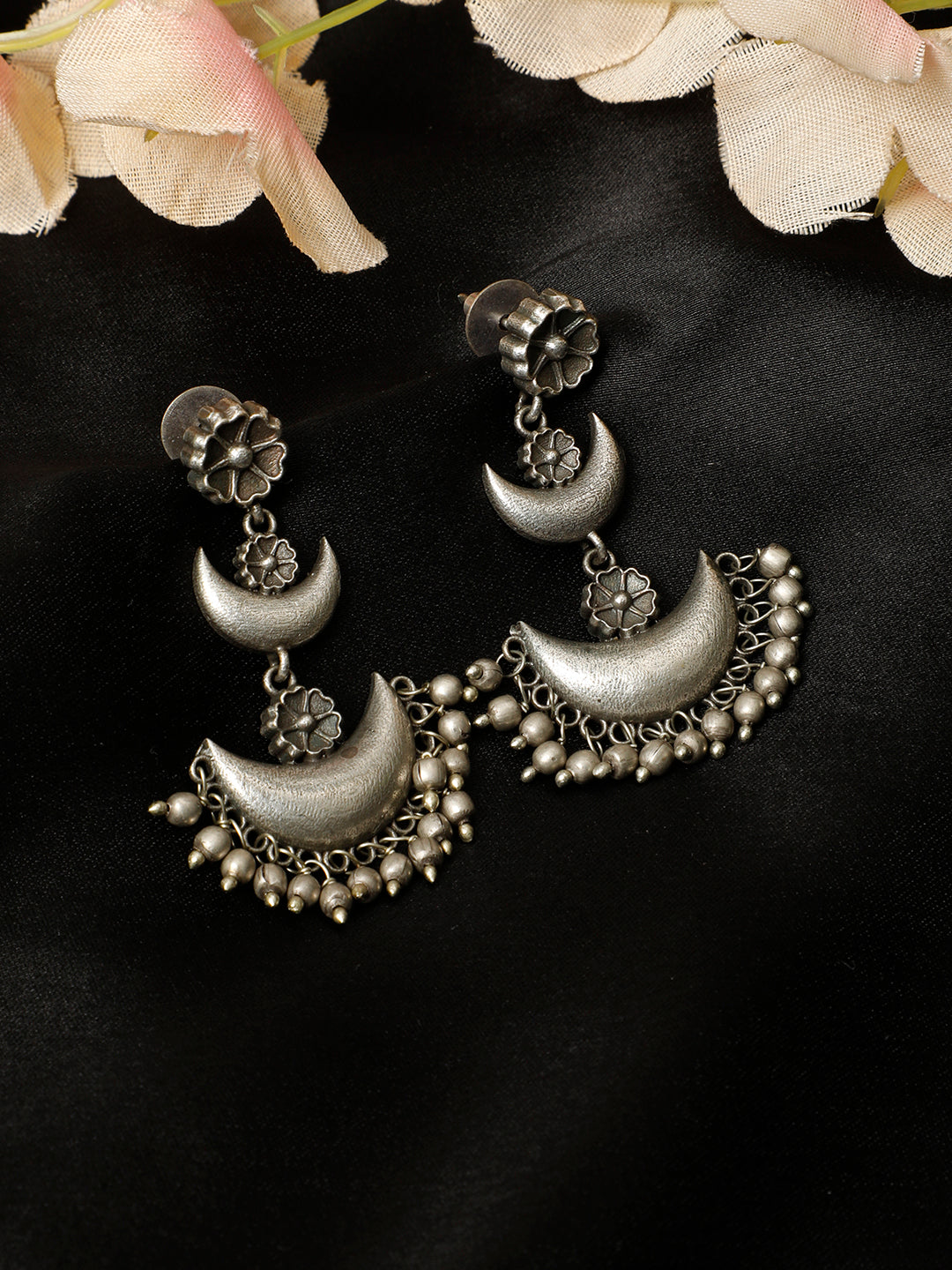 VIVAZS Silver-Plated Crescent Shaped Oxidised Chandbalis Earrings