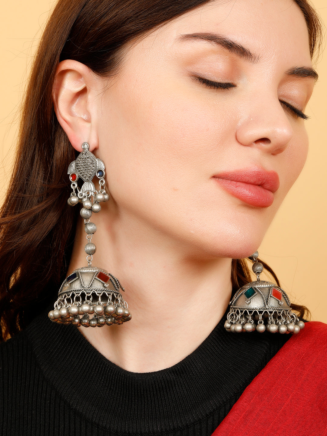 VIVAZS Silver-Plated Stone Studded Dome Shaped Jhumkas