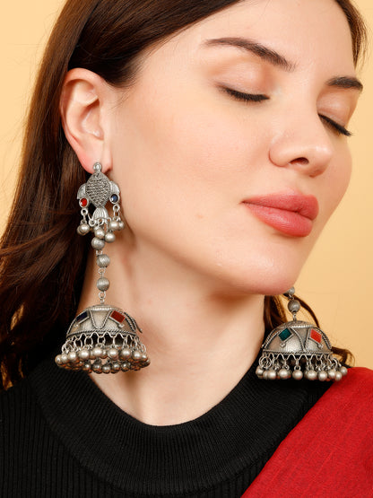 VIVAZS Silver-Plated Stone Studded Dome Shaped Jhumkas