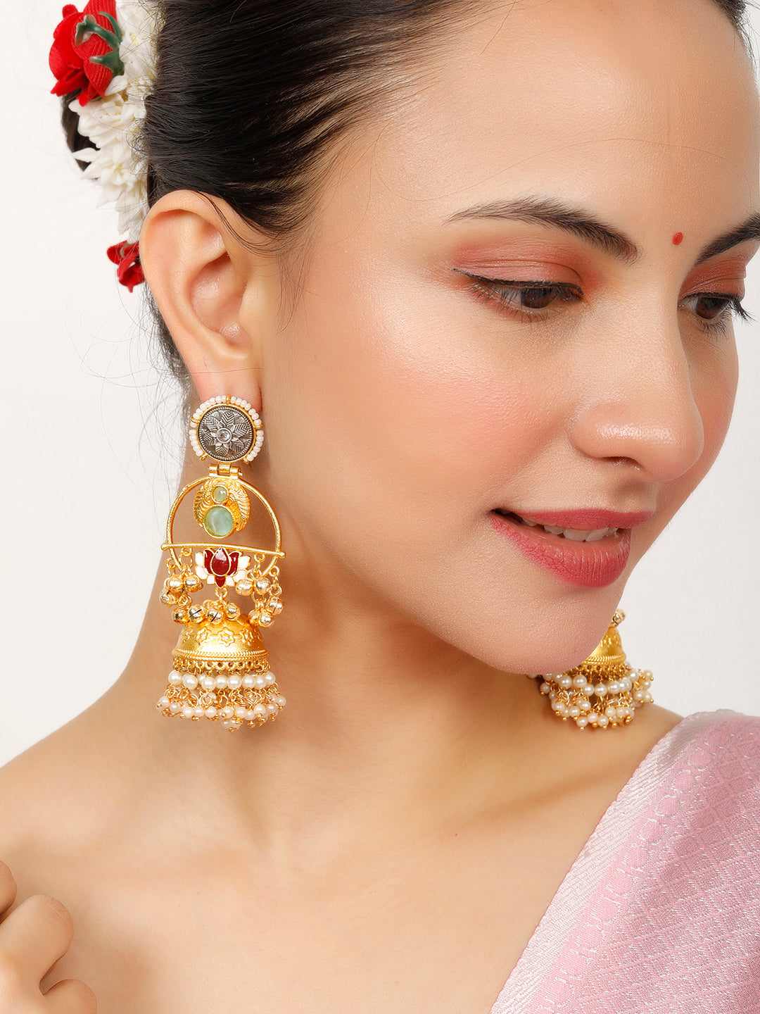 VIVAZS Gold-Plated Stones Studded & Beaded Dome-Shaped Jhumkas