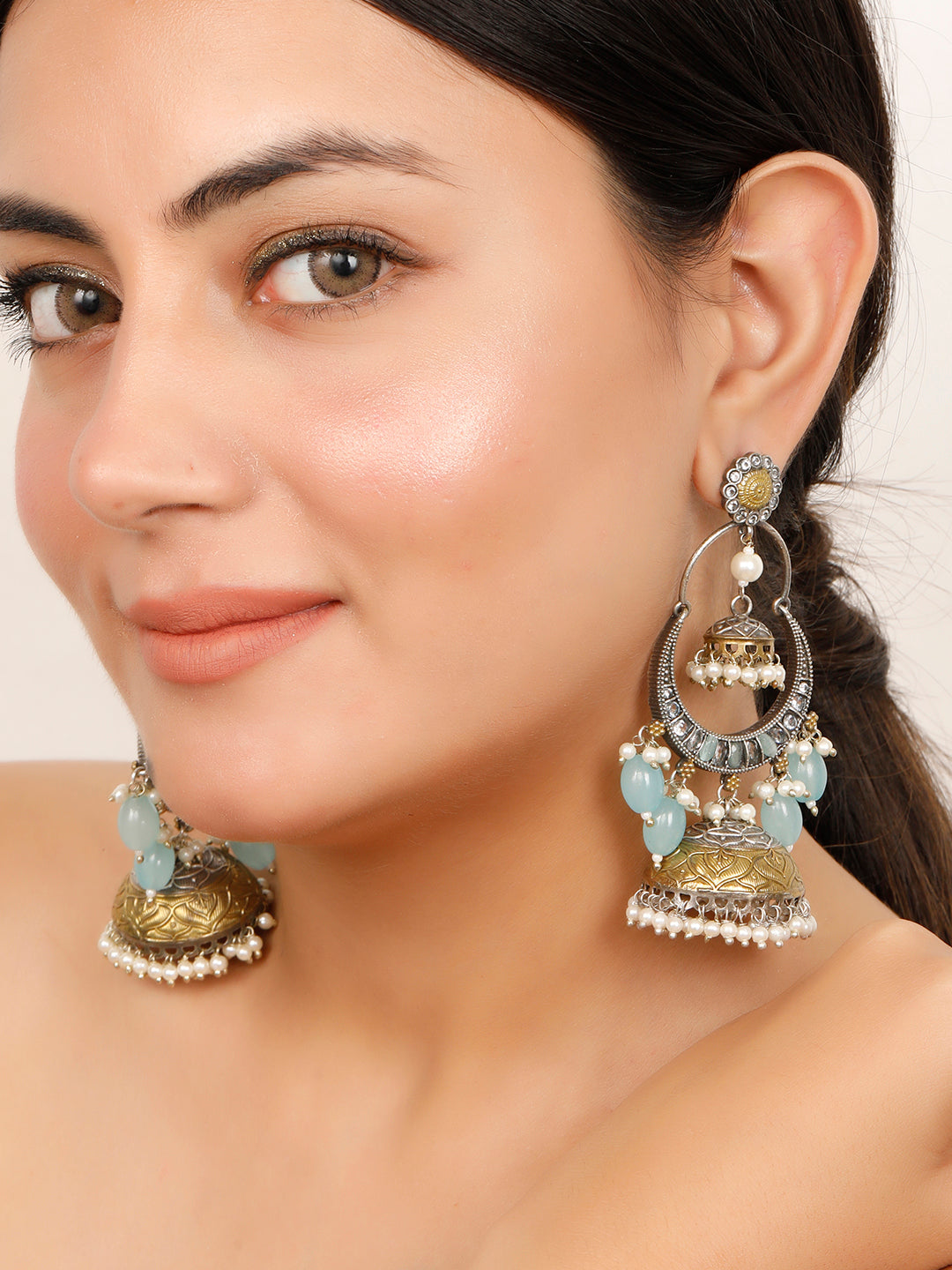 VIVAZS Oxidised Silver-Plated Beaded Dome-Shaped Oxidised Jhumkas