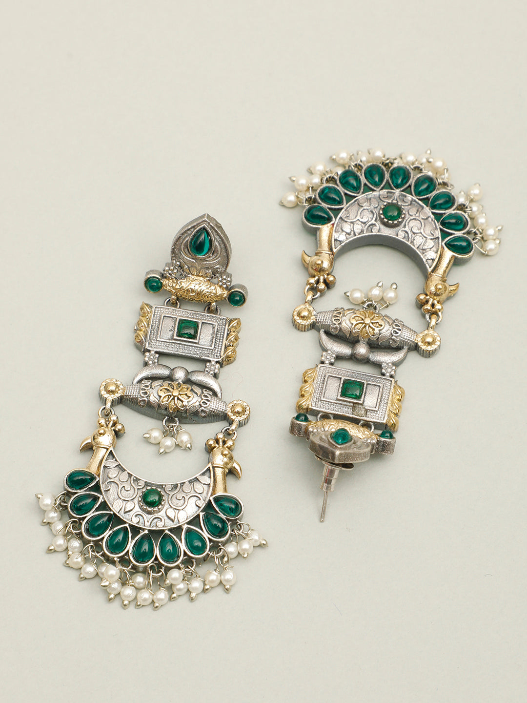 VIVAZS Oxidised Silver-Plated Dual Tone Gold and Green Stone Peacock Chandbali Earrings