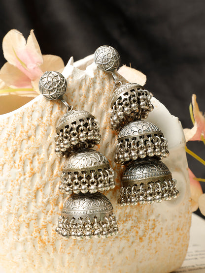 VIVAZS Silver-Plated Dome Shaped Oxidized Jhumkas