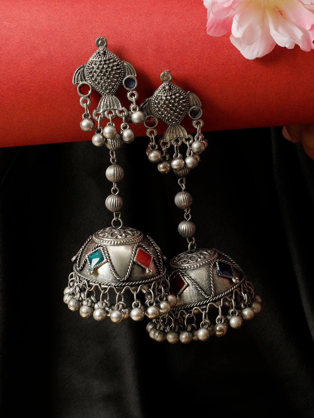 VIVAZS Silver-Plated Stone Studded Dome Shaped Jhumkas