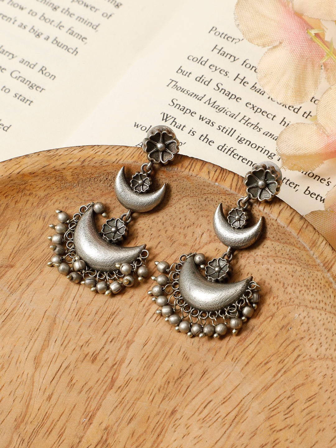 VIVAZS Silver-Plated Crescent Shaped Oxidised Chandbalis Earrings