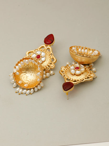 VIVAZS Gold-Plated Luxurious Jhumka Earrings with Red Stones, Pearl Drops