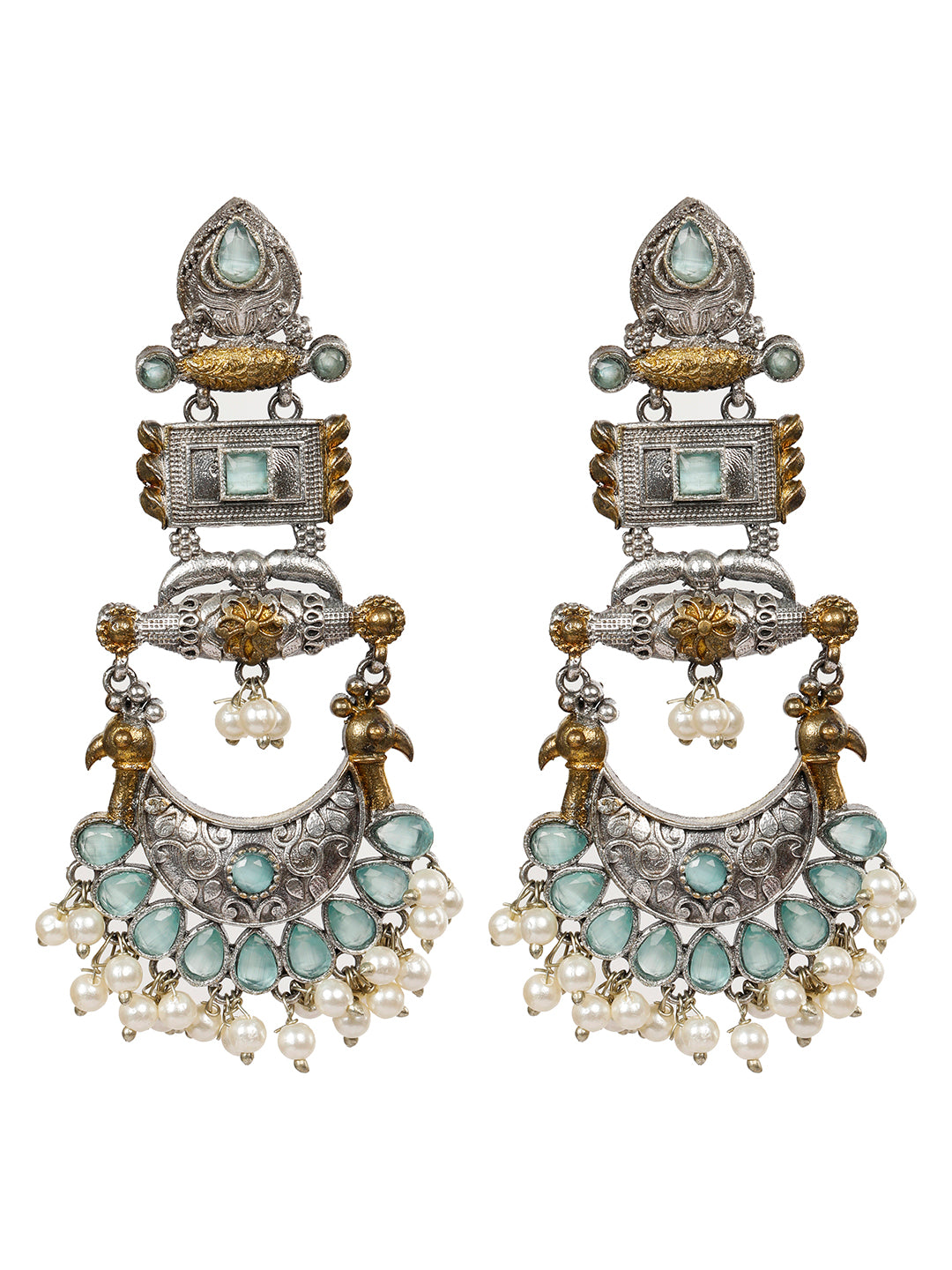 VIVAZS Oxidised Silver-Plated Dual Tone Gold and Silver mint Green Stone Peacock Chandbali Earrings