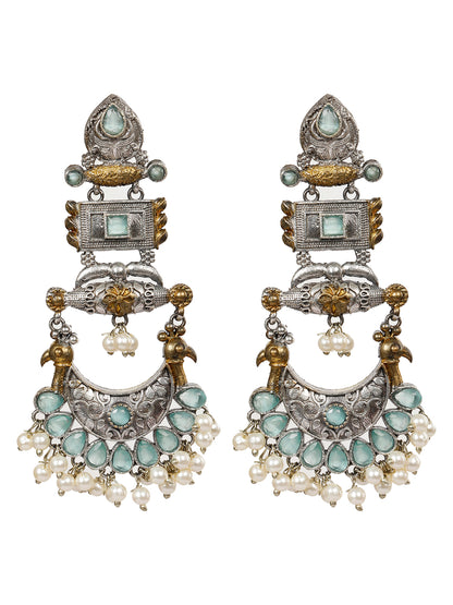 VIVAZS Oxidised Silver-Plated Dual Tone Gold and Silver mint Green Stone Peacock Chandbali Earrings