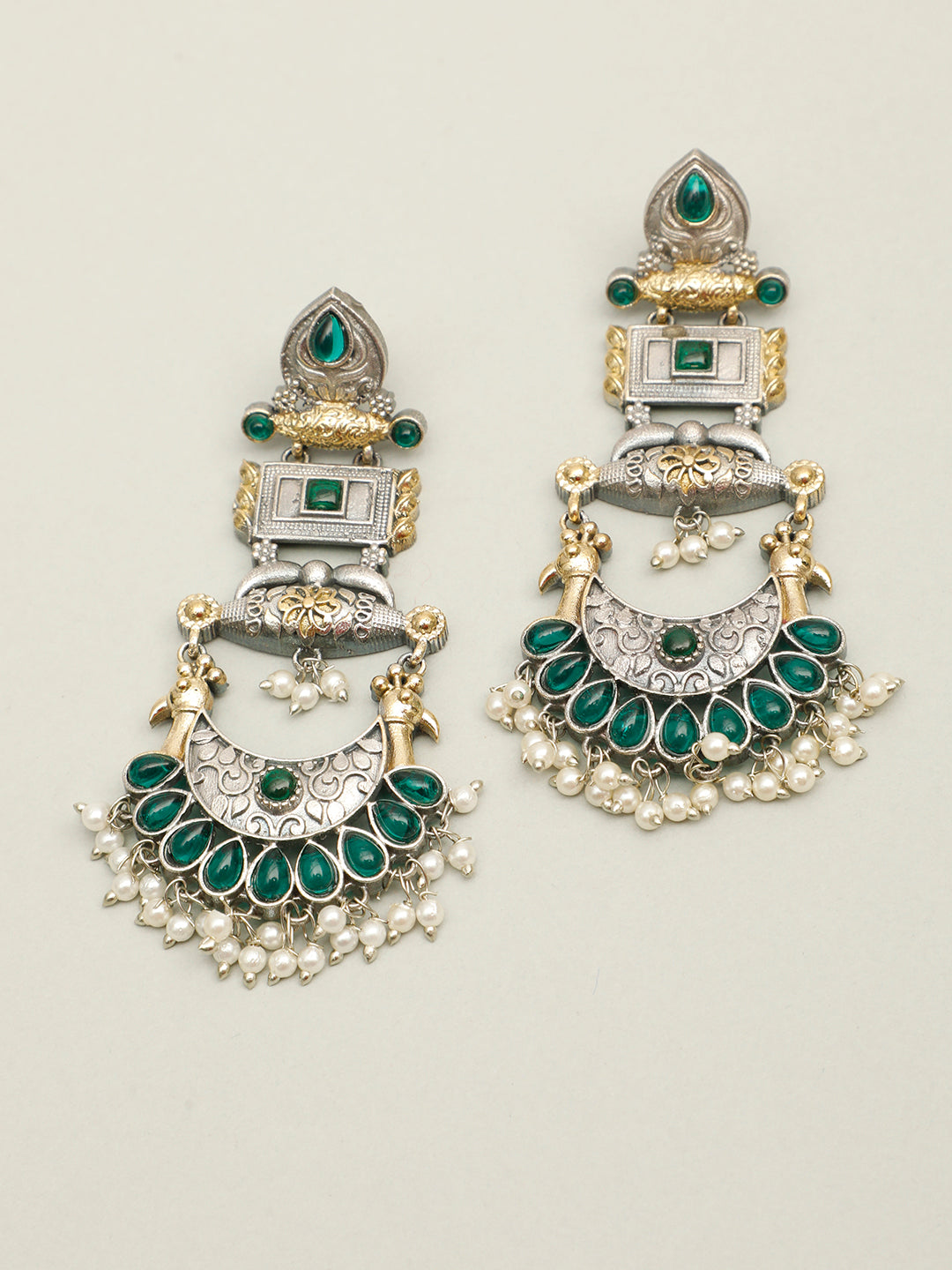 VIVAZS Oxidised Silver-Plated Dual Tone Gold and Green Stone Peacock Chandbali Earrings