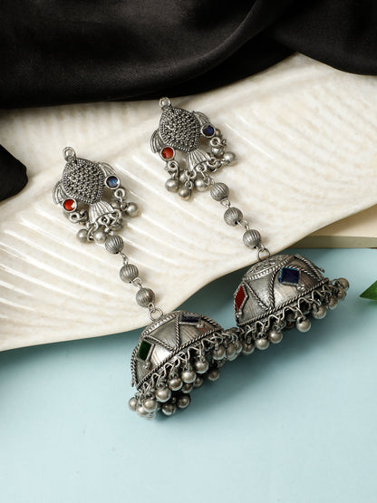 VIVAZS Silver-Plated Stone Studded Dome Shaped Jhumkas