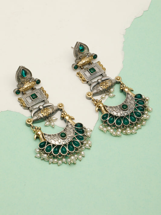 VIVAZS Oxidised Silver-Plated Dual Tone Gold and Green Stone Peacock Chandbali Earrings