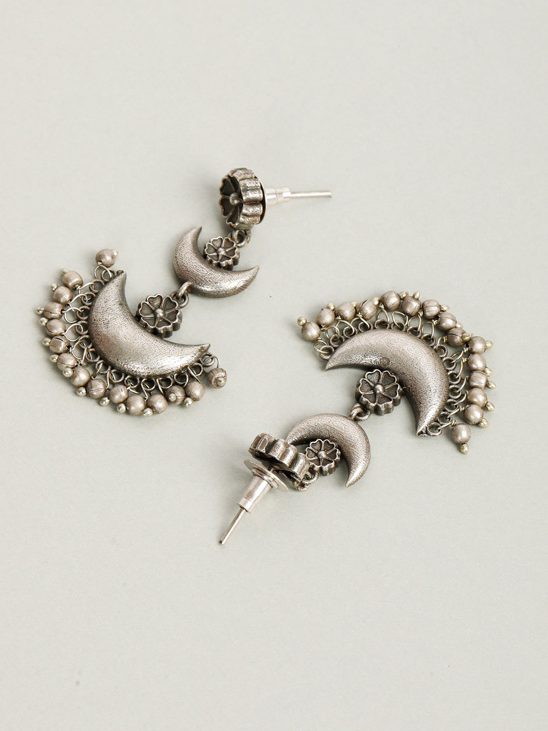 VIVAZS Silver-Plated Crescent Shaped Oxidised Chandbalis Earrings