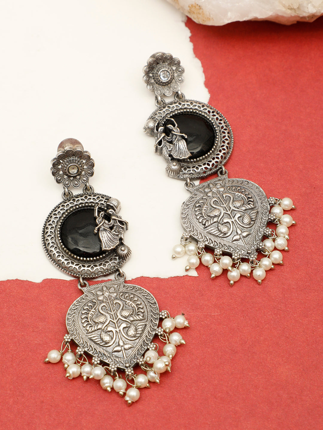 VIVAZS Oxidised Silver-Plated Silver Black Chandbali Earrings